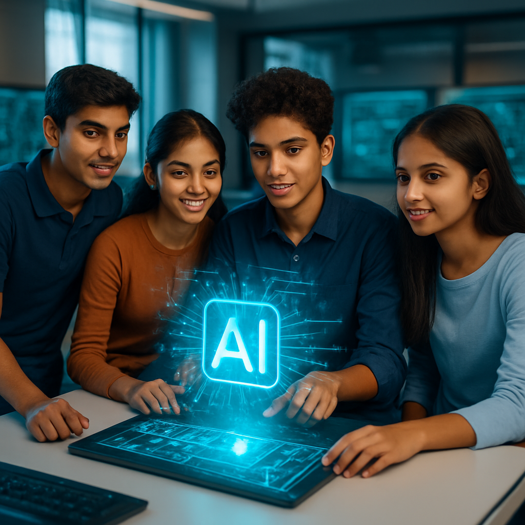 Confident students collaborating on an advanced AI project in a modern innovation lab