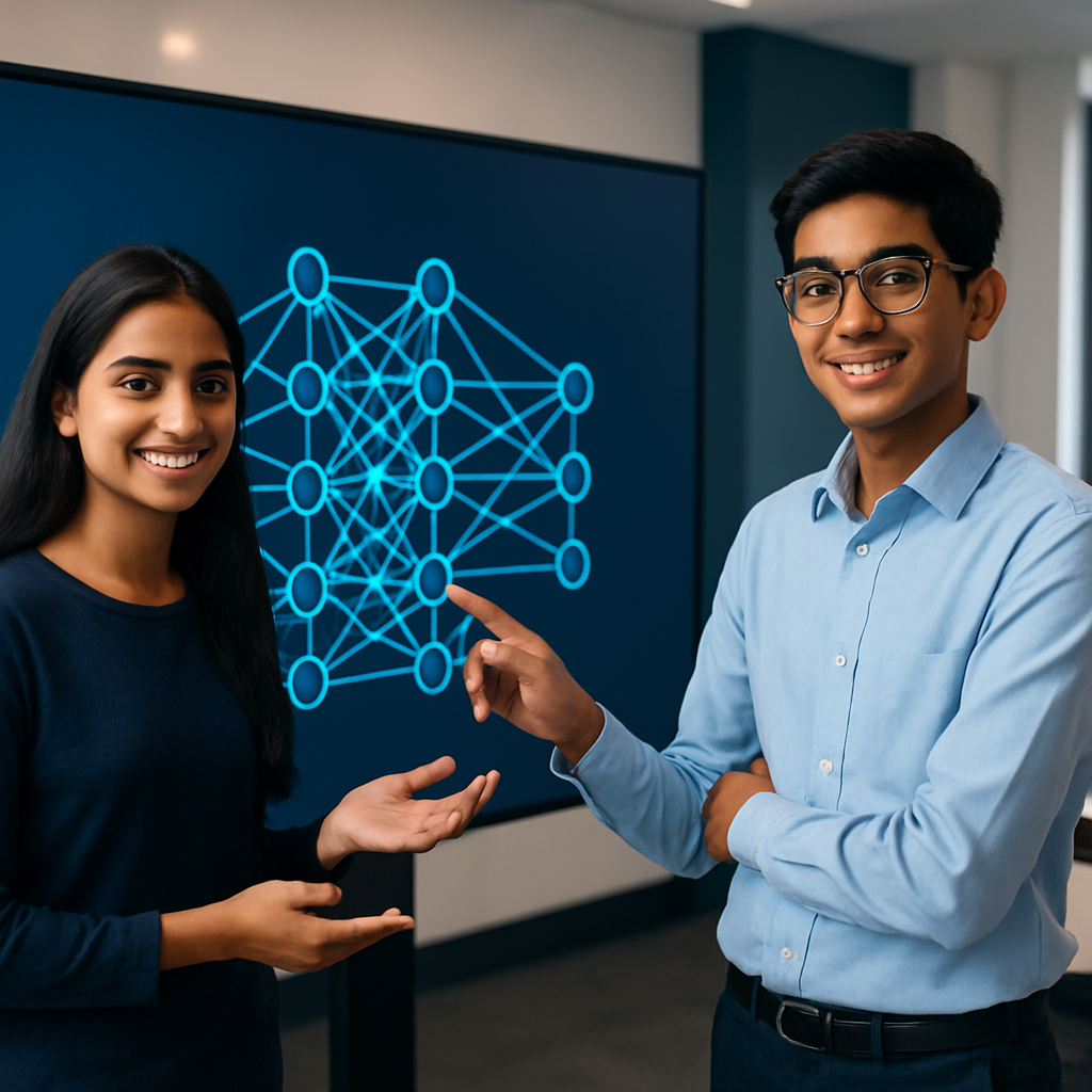 Two confident students presenting an AI model with a neural network visualization on a modern screen